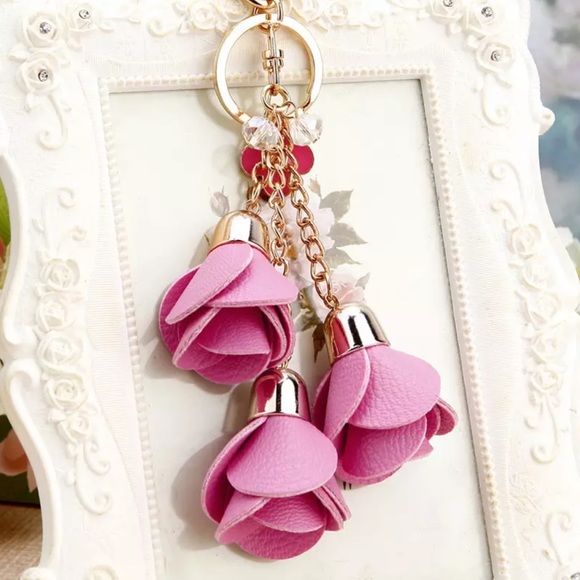 Accessories - Pink Triple Rose Charm with Beads Keychain